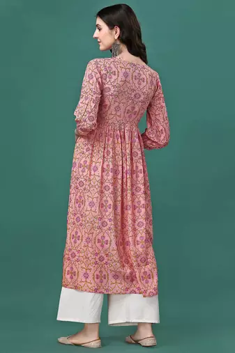 Peach rayon fit &flared floral printed casual kurta for women