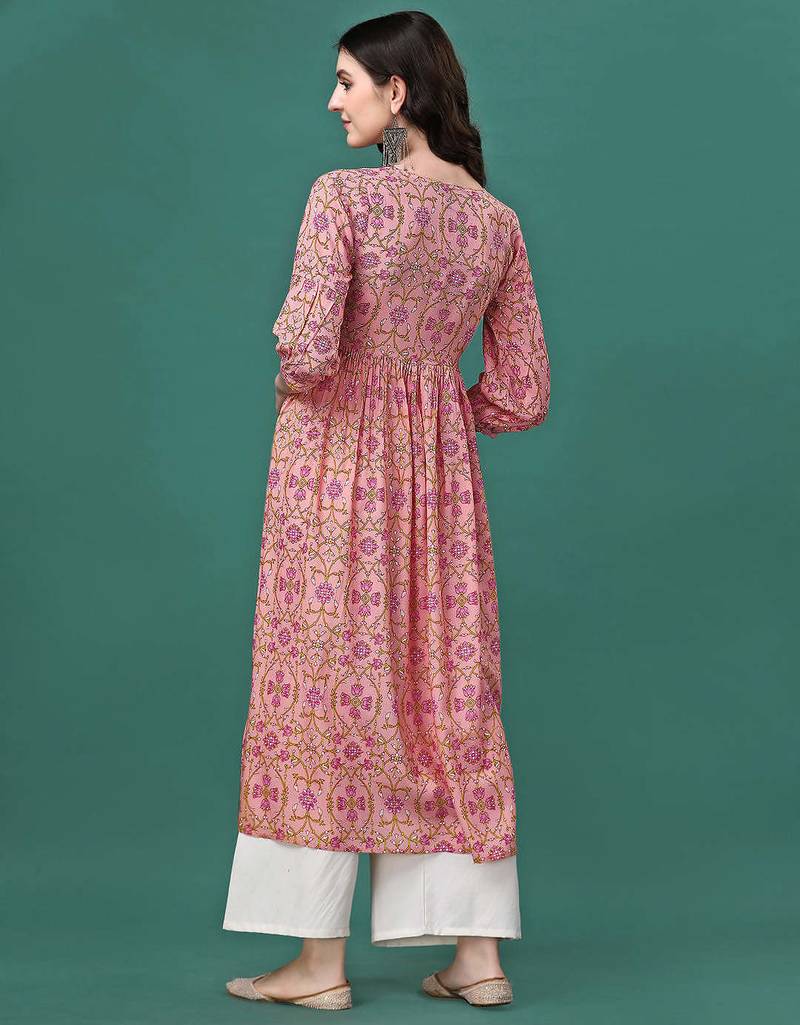 Peach rayon fit &flared floral printed casual kurta for women