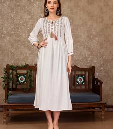 White rayon fit &flared thread work plain casual kurta for women