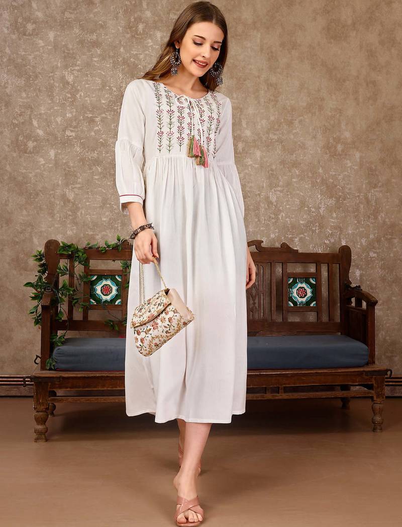 White rayon fit &flared thread work plain casual kurta for women