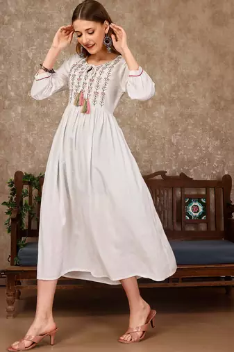 White rayon fit &flared thread work plain casual kurta for women