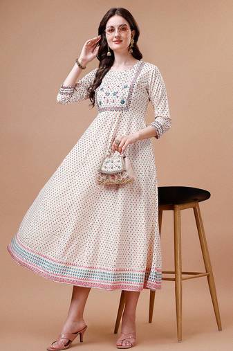 White rayon fit &flared dots printed casual kurta for women