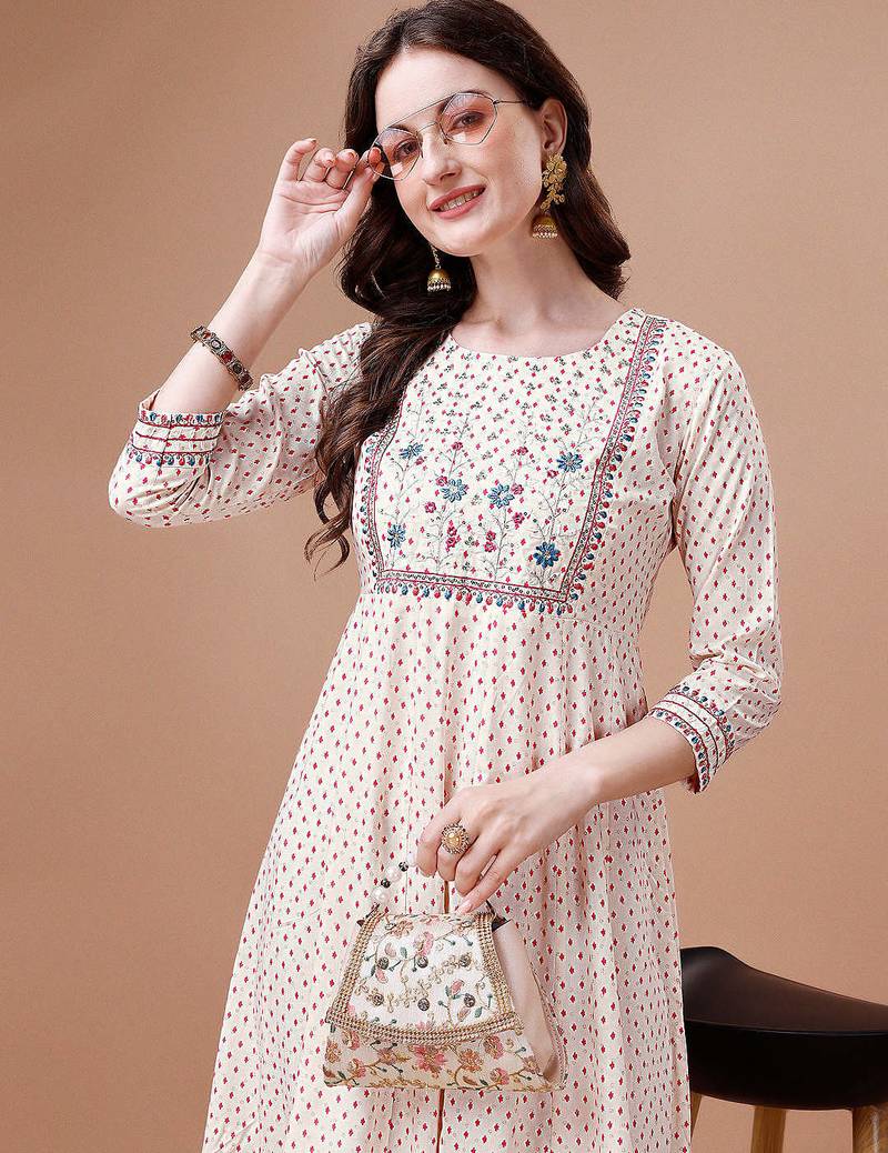 White rayon fit &flared dots printed casual kurta for women