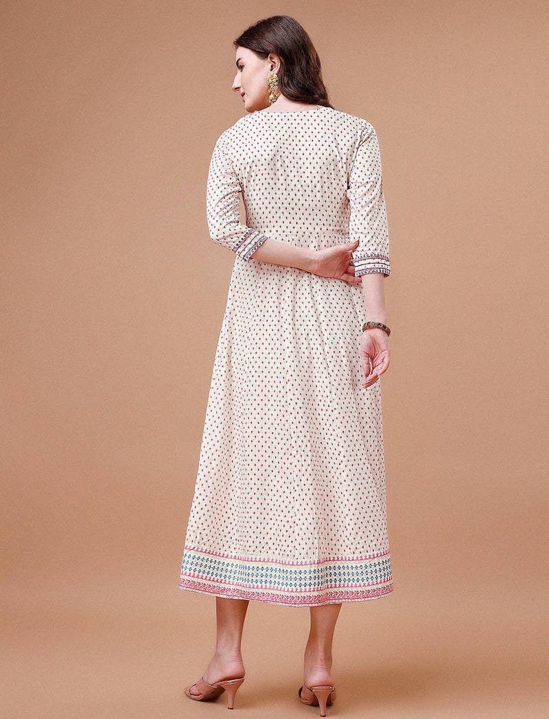 White rayon fit &flared dots printed casual kurta for women