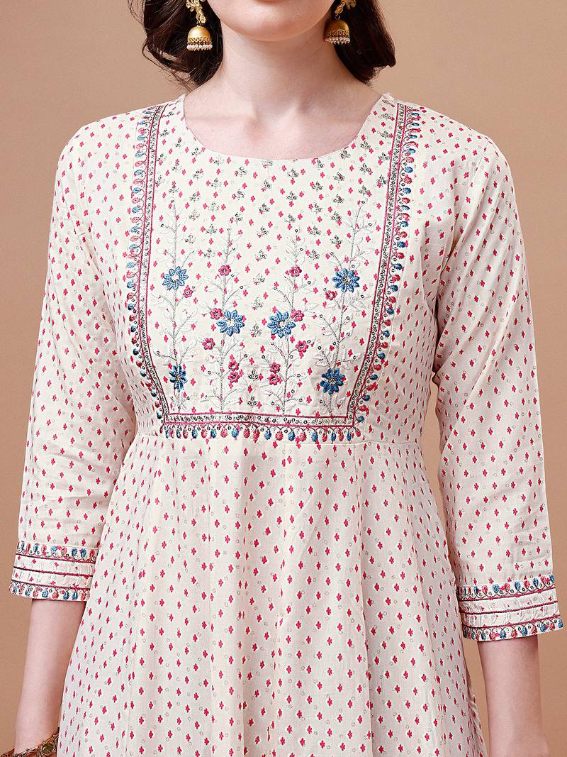 White rayon fit &flared dots printed casual kurta for women