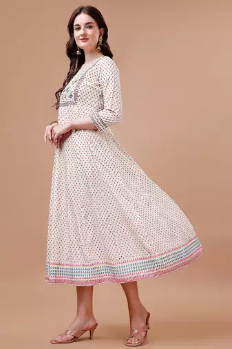 White rayon fit &flared dots printed casual kurta for women
