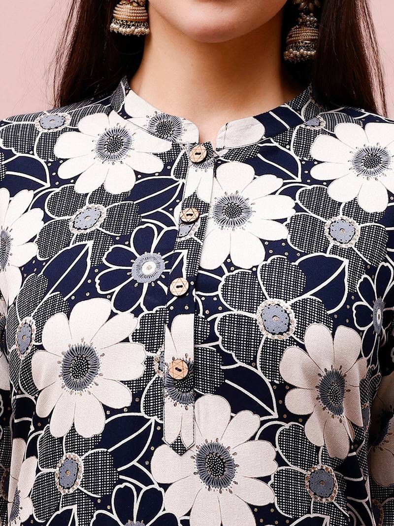 Grey rayon straight floral printed casual kurta for women