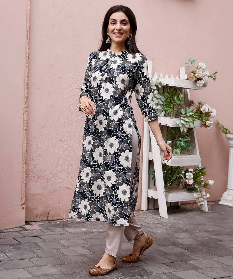 Grey rayon straight floral printed casual kurta for women
