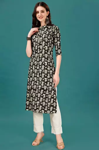 Green rayon straight floral printed casual kurta for women