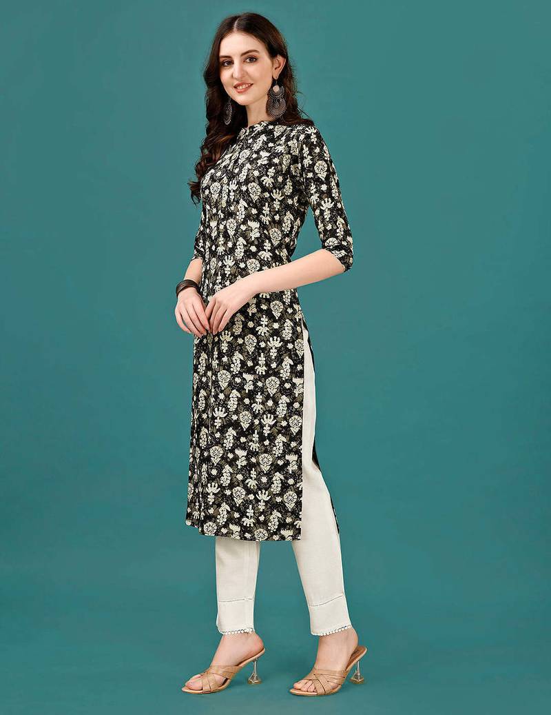 Green rayon straight floral printed casual kurta for women