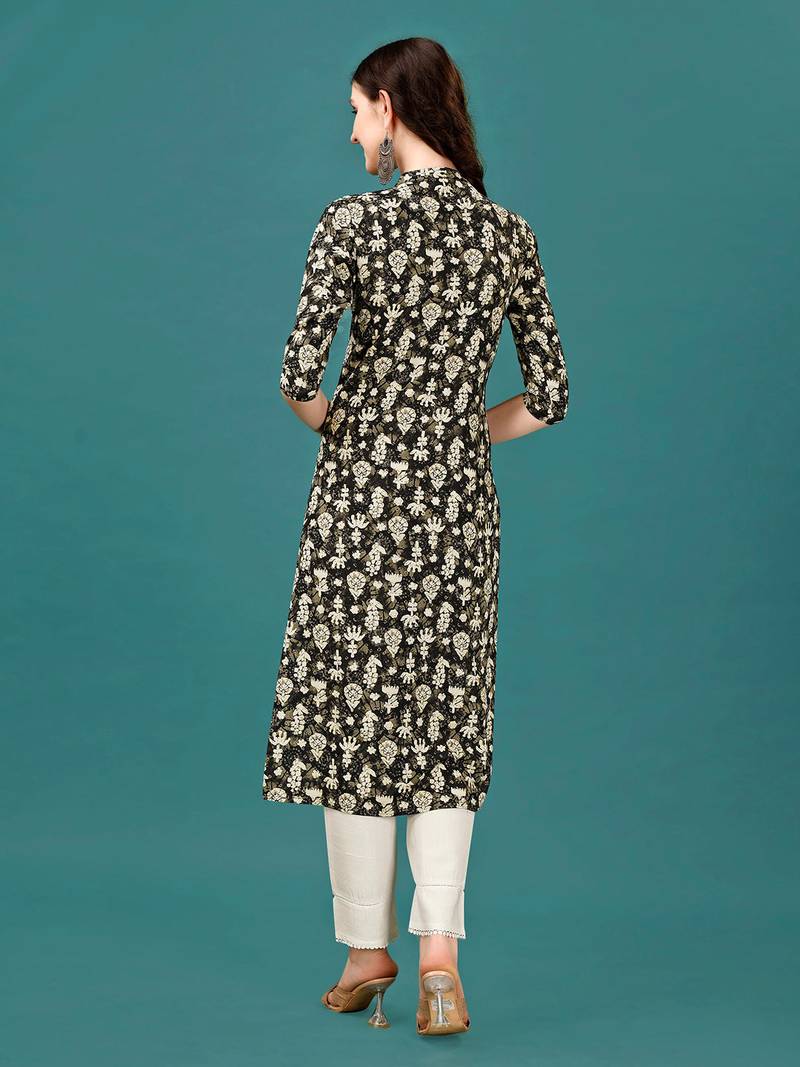 Green rayon straight floral printed casual kurta for women