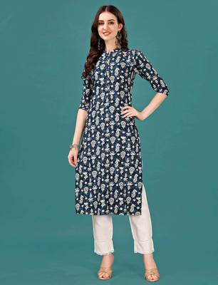 Blue rayon straight floral printed casual kurta for women 1