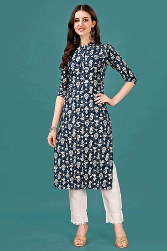 Blue rayon straight floral printed casual kurta for women