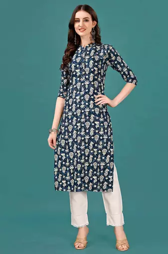Blue rayon straight floral printed casual kurta for women
