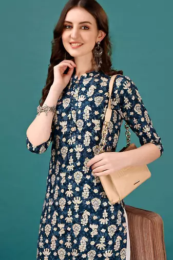 Blue rayon straight floral printed casual kurta for women