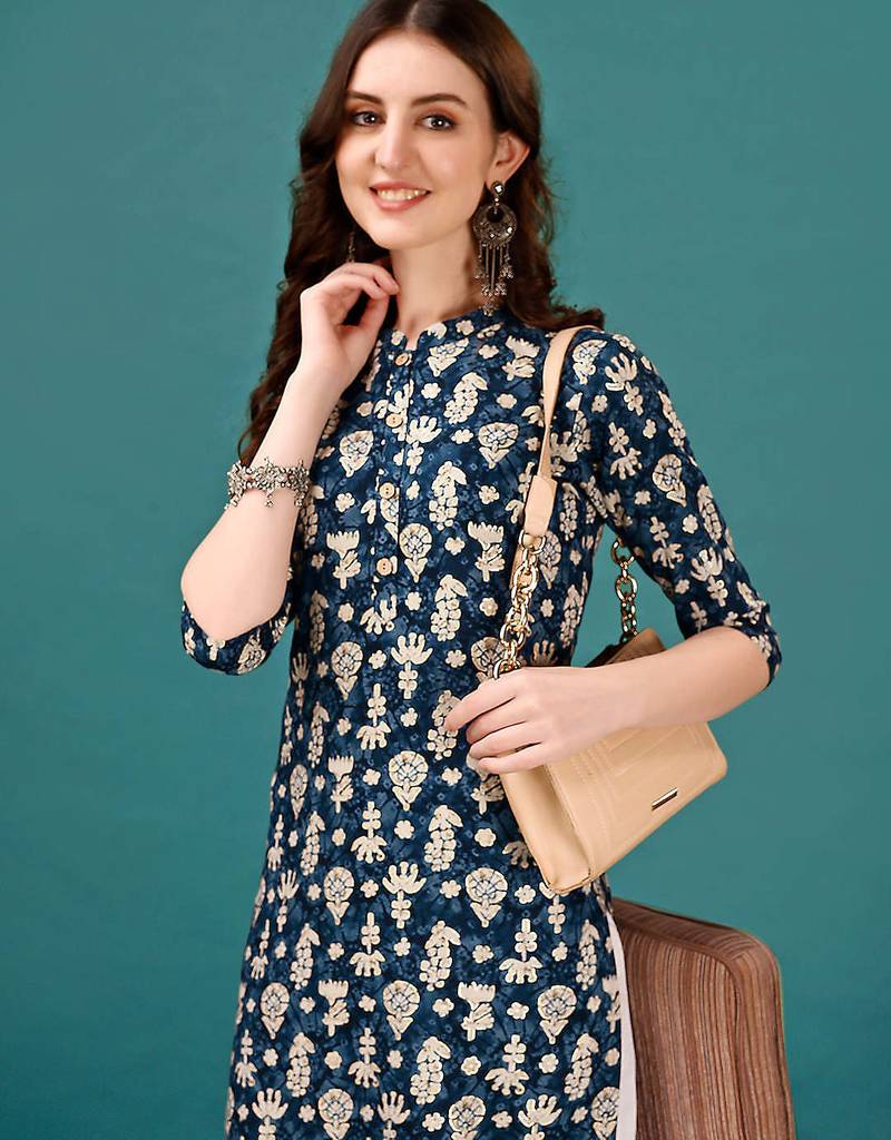 Blue rayon straight floral printed casual kurta for women