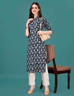 Blue rayon straight floral printed casual kurta for women 3