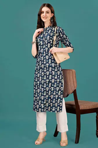 Blue rayon straight floral printed casual kurta for women