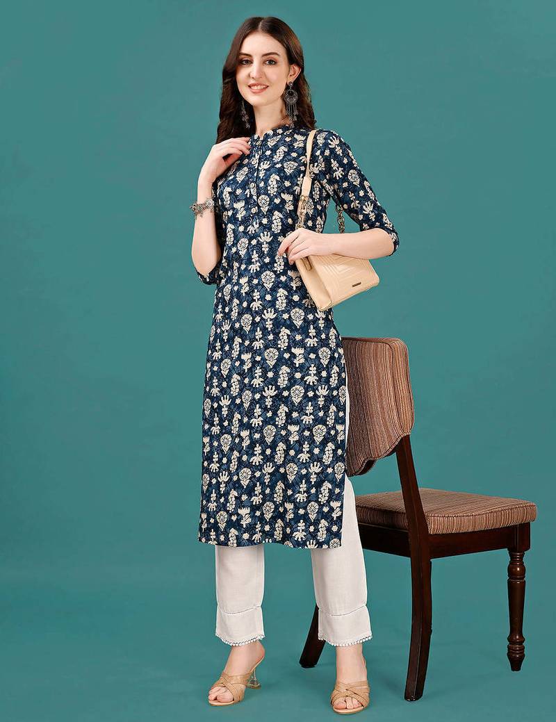 Blue rayon straight floral printed casual kurta for women