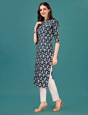 Blue rayon straight floral printed casual kurta for women 4