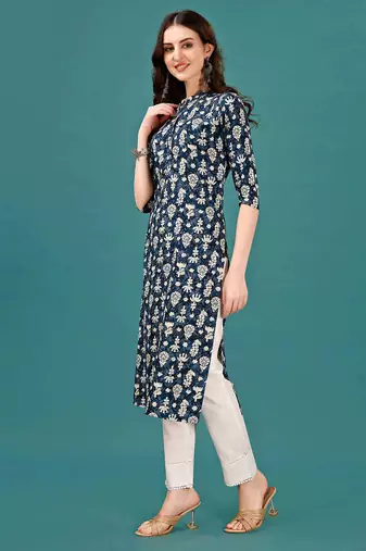 Blue rayon straight floral printed casual kurta for women