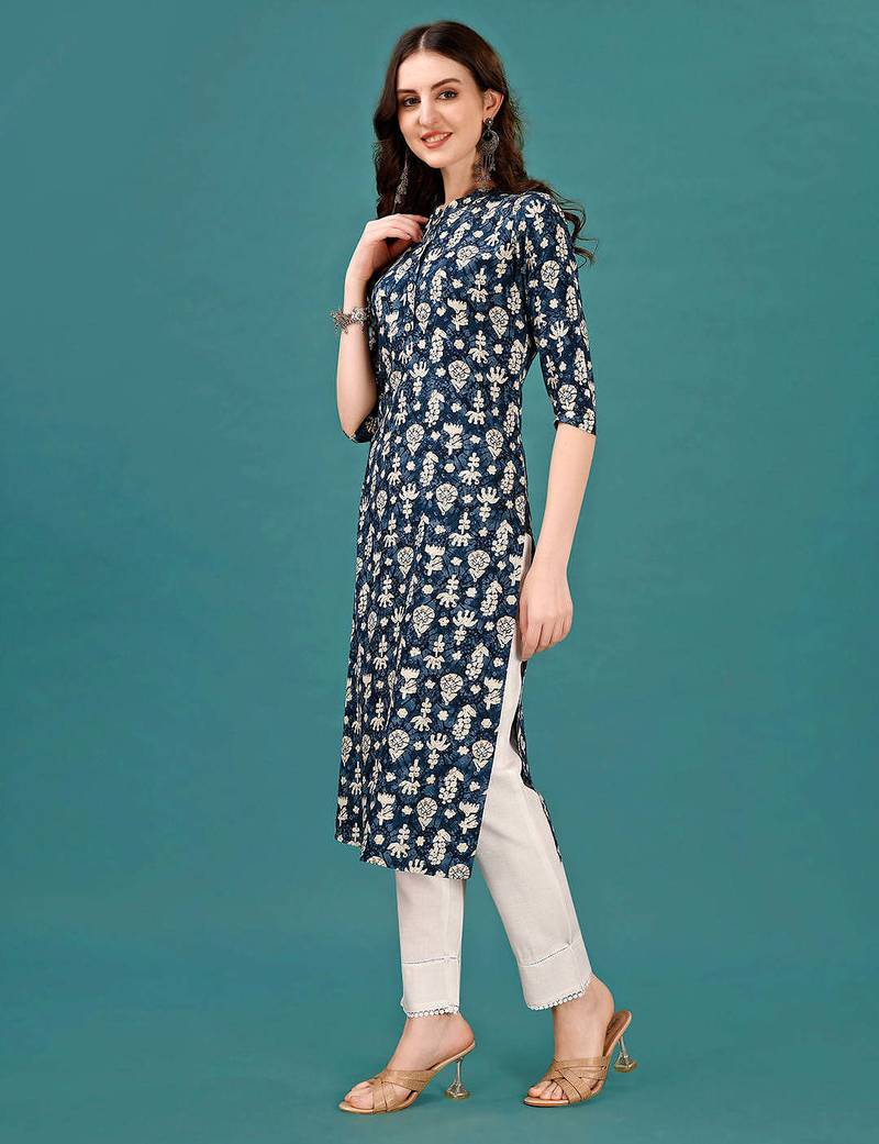 Blue rayon straight floral printed casual kurta for women