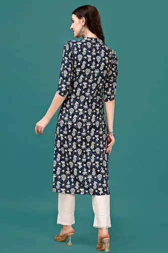 Blue rayon straight floral printed casual kurta for women