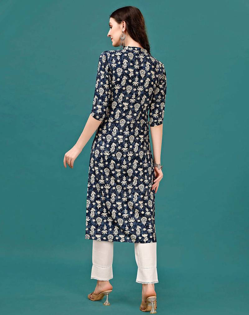 Blue rayon straight floral printed casual kurta for women
