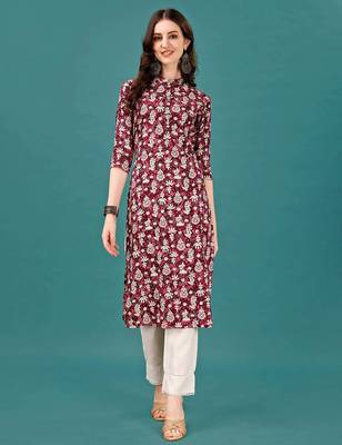 Wine rayon straight floral printed casual kurta for women 1