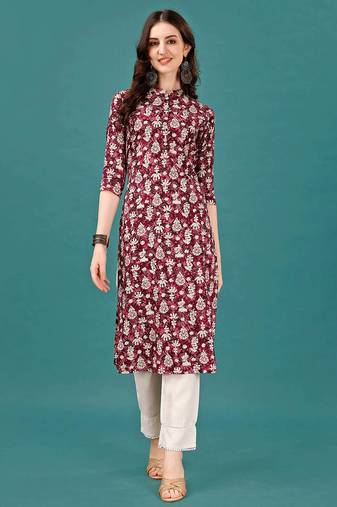 Wine rayon straight floral printed casual kurta for women