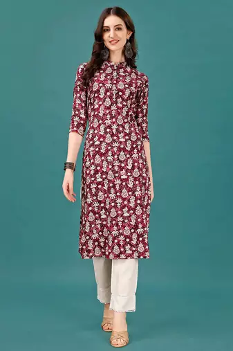 Wine rayon straight floral printed casual kurta for women