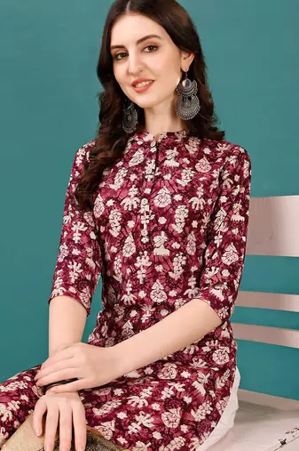 Wine rayon straight floral printed casual kurta for women