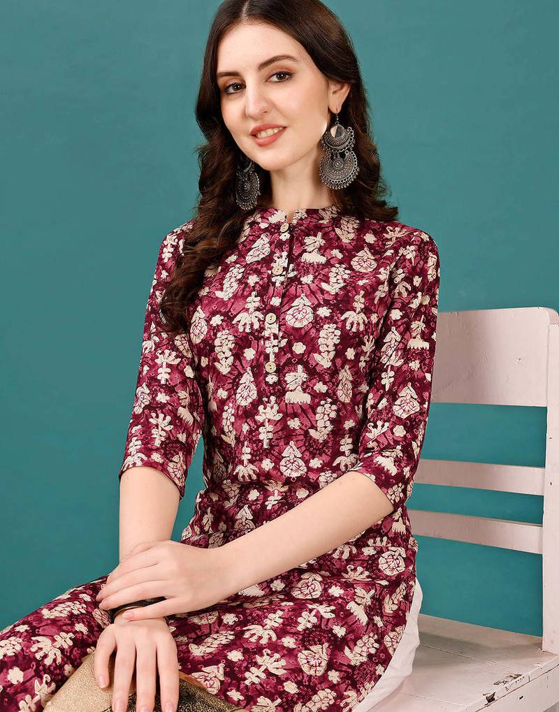 Wine rayon straight floral printed casual kurta for women