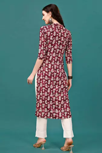 Wine rayon straight floral printed casual kurta for women