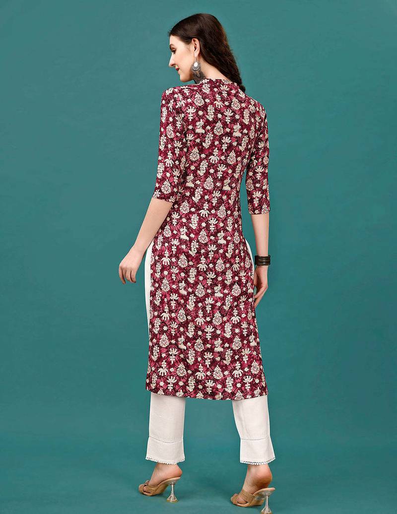 Wine rayon straight floral printed casual kurta for women