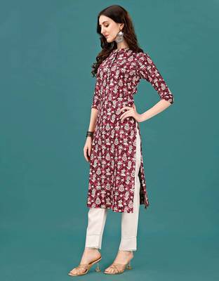 Wine rayon straight floral printed casual kurta for women 5