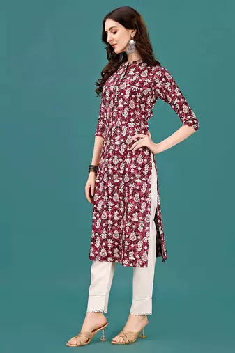 Wine rayon straight floral printed casual kurta for women