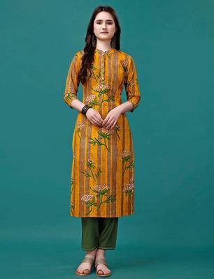 Yellow rayon straight floral printed casual kurta for women 1