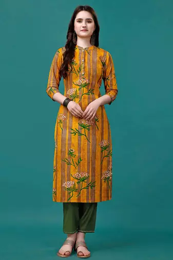 Yellow rayon straight floral printed casual kurta for women