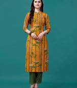 Yellow rayon straight floral printed casual kurta for women