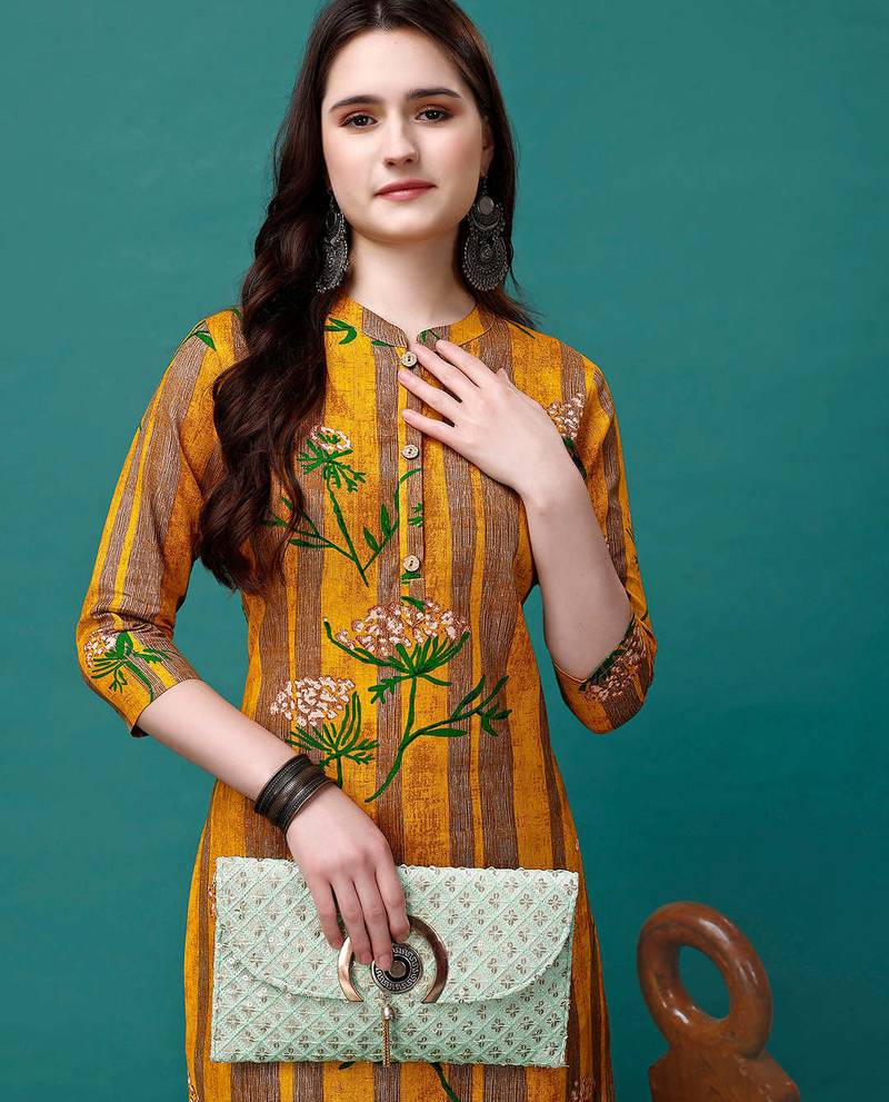 Yellow rayon straight floral printed casual kurta for women