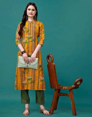 Yellow rayon straight floral printed casual kurta for women 3
