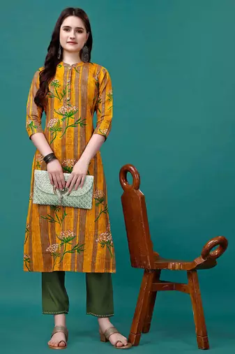 Yellow rayon straight floral printed casual kurta for women