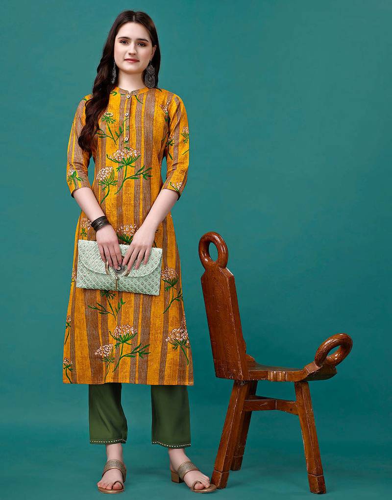 Yellow rayon straight floral printed casual kurta for women