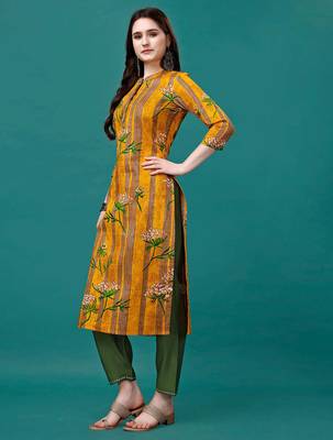 Yellow rayon straight floral printed casual kurta for women 4