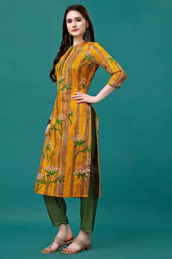Yellow rayon straight floral printed casual kurta for women