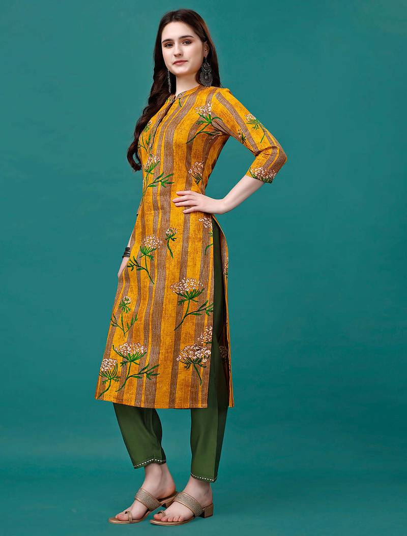 Yellow rayon straight floral printed casual kurta for women