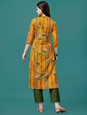 Yellow rayon straight floral printed casual kurta for women 5