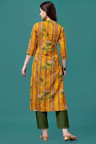 Yellow rayon straight floral printed casual kurta for women