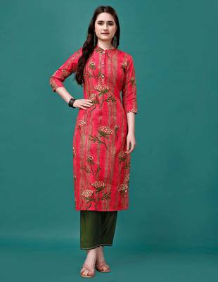 Pink rayon straight floral printed casual kurta for women 1